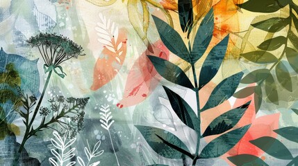 Abstract art collage with watercolor botanical background. Colorful and organic background for presentations and marketing materials.