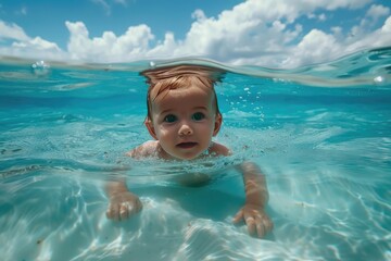 A baby is swimming in the ocean. The baby is wearing no clothes. The water is clear and blue