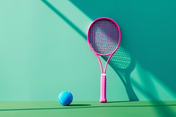Unique pink tennis racket and blue ball on green court in daylight with creative design