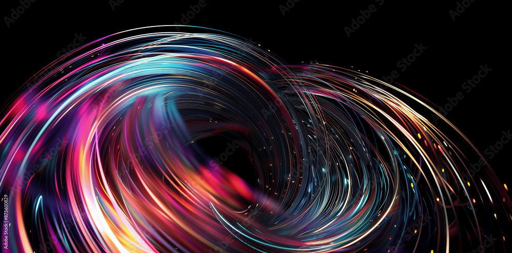 Poster futuristic abstract colorful light curves and circular lines on black background 3d render