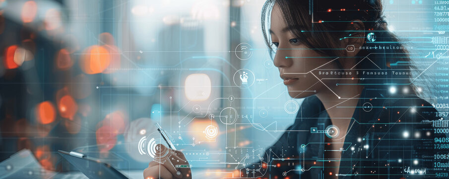 Business Intelligence with AI: Woman Using Tablet, Digital Technology, Data Science, Big Data Management, Network Security, Programming