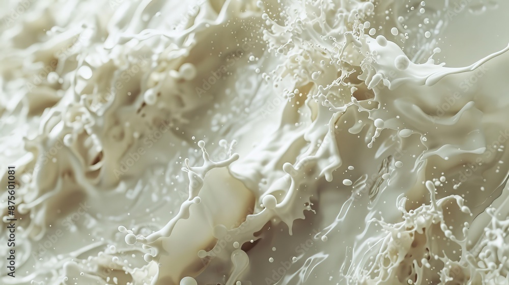 Poster the image is of white milk splashing and creating a wave-like pattern. the splashes are scattered th