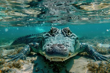 A crocodile is swimming in the ocean with its head sticking out of the water. The water is clear and calm, and the crocodile is the only animal visible in the image
