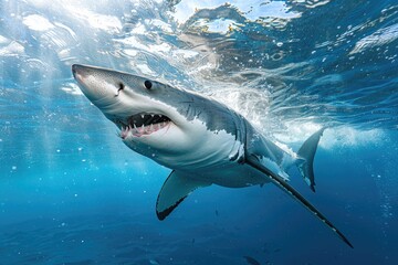 Fototapeta premium A shark is swimming in the ocean with its mouth open. The water is blue and the sun is shining on the surface
