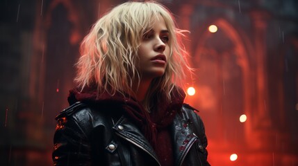 Fototapeta premium a woman in a leather jacket standing in the rain