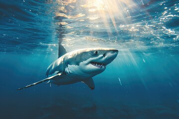 Naklejka premium A shark is swimming in the ocean. The water is clear and blue. The shark is looking at the camera