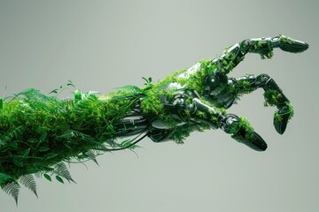 Naklejka premium A hand with green leaves and a robot arm. The hand is pointing to the right