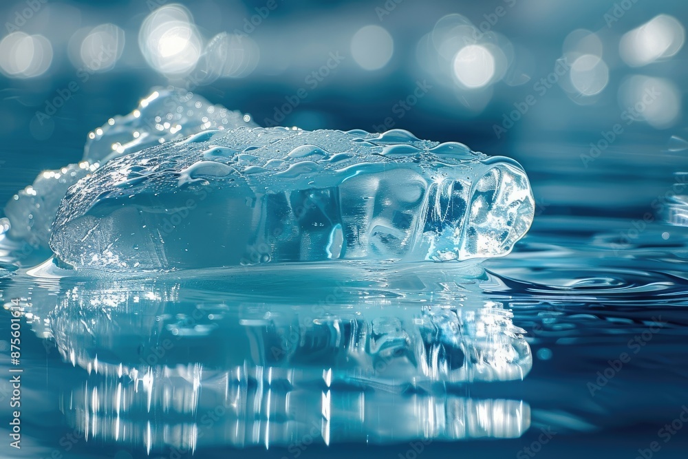 Poster a large ice cube sits on the surface of a body of water. the water is calm and still, and the ice cu
