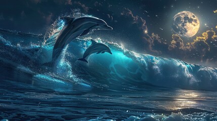 Fototapeta premium Two dolphins are swimming in the ocean next to a full moon. The moon is shining brightly on the water, creating a serene and peaceful atmosphere