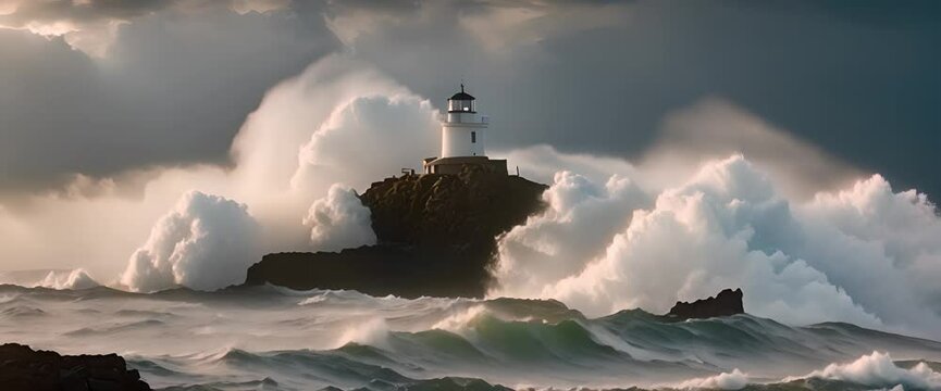 A towering lighthouse stands on a rocky cliff
