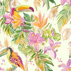 Colorful Toucan Bird and Tropical Leaves Print for Fashion