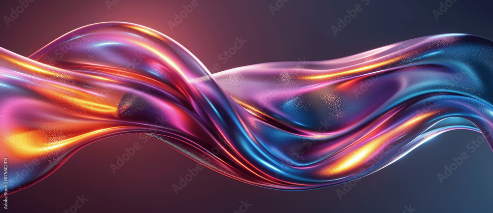 Poster iridescent 3d fluid design with metallic waves on dark background