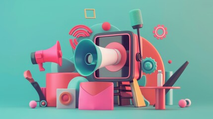 3D Illustration of Abstract Shapes with Megaphone and Microphone on Blue Background