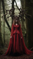 a woman in a red dress with horns on her head