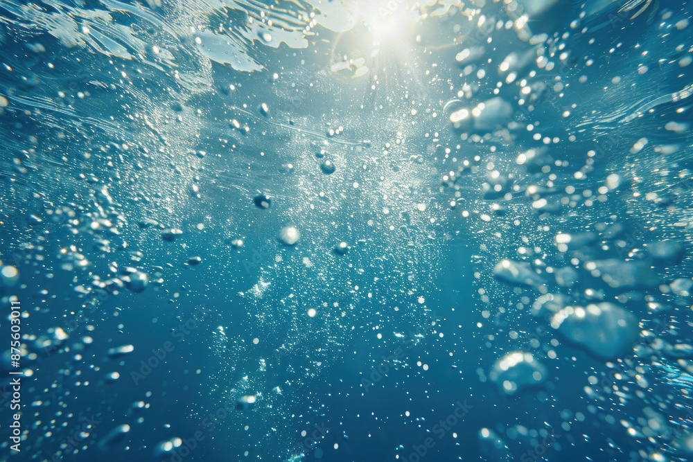 Poster the image is of a clear blue ocean with many small bubbles floating in the water. the bubbles are sc