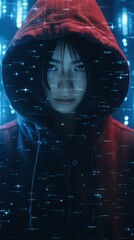 Obraz premium a woman in a red hoodie standing in front of a computer screen
