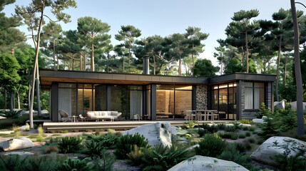 Serene Nordic-Style House Nestled in Peaceful Forest Setting with Sleek Minimalist Architecture