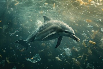 Fototapeta premium A dolphin is swimming in a sea of plastic waste. Concept of sadness and despair at the damage humans have caused to the environment