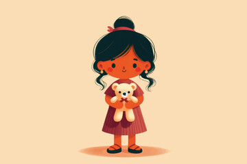 illustration of a little girl standing holding a toy doll