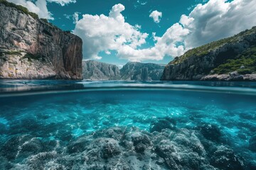 A beautiful blue ocean with a rocky shoreline. The water is calm and clear, and the sky is cloudy
