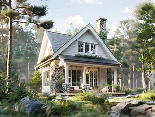 Naklejka premium Serene Nordic-Style 2-Story Wooden Cottage Surrounded by Lush Evergreen Forest