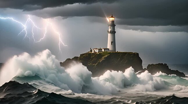 A towering lighthouse stands on a rocky cliff