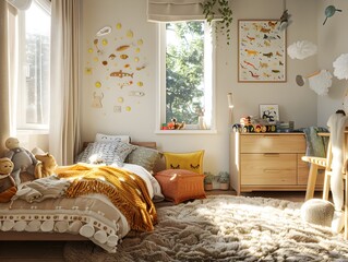 Cozy Children's Bedroom with Wooden Furniture,Plush Textiles,and Whimsical Wall Decor