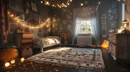 Enchanting Woodland-Themed Children's Bedroom with Glowing Fairy Lights and Vintage Charm