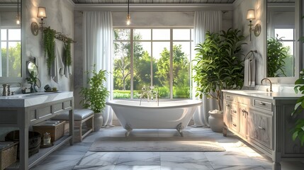 Fototapeta premium Luxurious Modernist Bathroom Sanctuary with Verdant Garden View