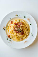 Spaghetti carbonara, typical Italian pasta recipe , Spaghetti alla carbonara with pancetta, egg, hard parmesan cheese and cream sauce. Italian cuisine.