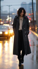 Fototapeta premium a woman in a trench coat standing on a wet street