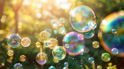 Joyful Child Blowing Colorful Bubbles in Summer Backyard