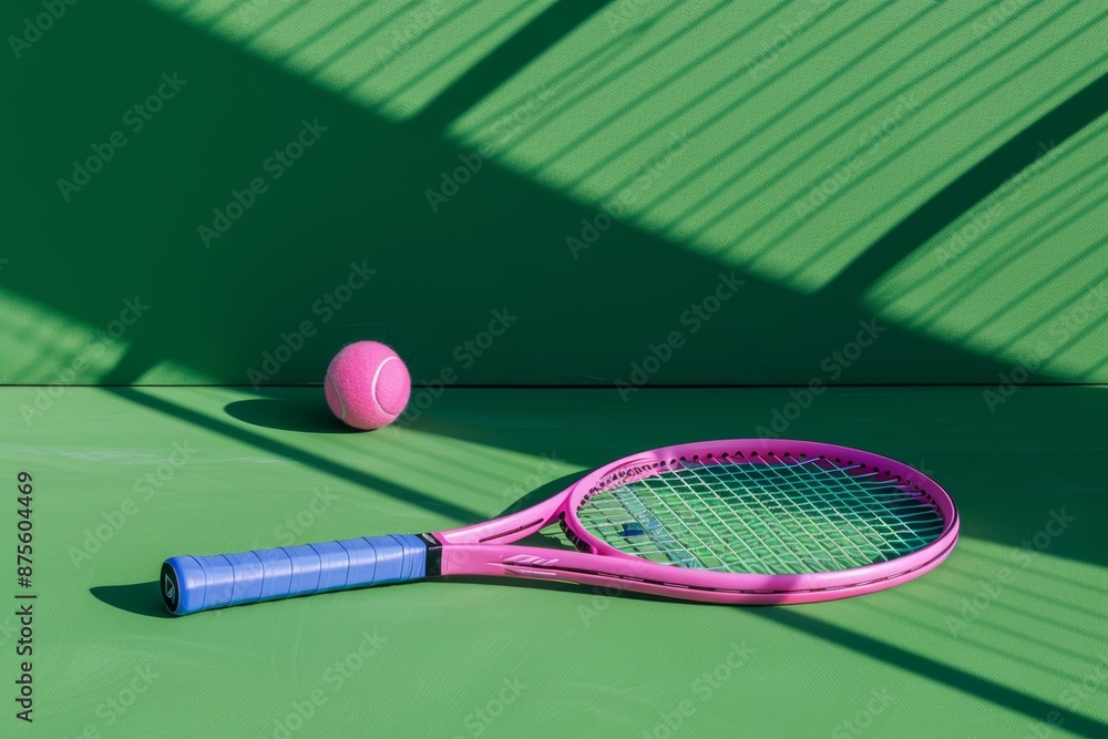 Wall mural Innovative pink tennis racket and blue ball on green court under daylight with shadow, side view