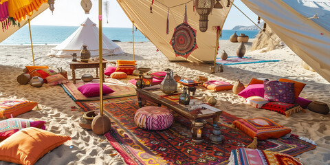 Fototapeta premium Romantic tent on the beach with comfortable and colorful pillows rug and decoration