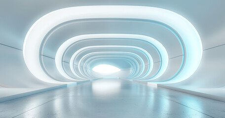 Fototapeta premium Futuristic Empty Room with Blue Light White Interior Minimalistic Geometric Shapes Futuristic Architecture High Resolution