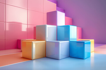 Obraz premium Abstract Pastel Geometric Cubes for Product Presentation in 3D Render on White Table