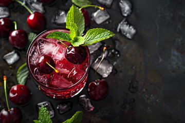 A cherry bourbon smash with muddled cherries and mint leaves