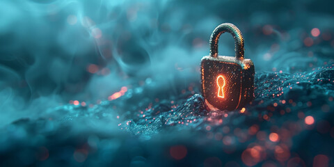 Safety protection and information privacy concept with digital padlock in shield on abstract dark background with technological virtual fog and space for advertising text. 3D rendering, mock up 