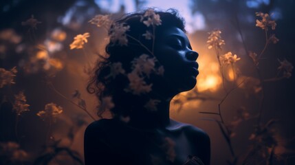a woman is silhouetted in the dark with flowers in front of her