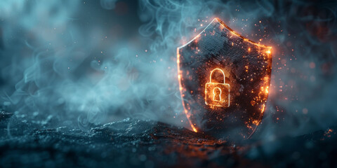 Safety protection and information privacy concept with digital padlock in shield on abstract dark background with technological virtual fog and space for advertising text. 3D rendering, mock up 