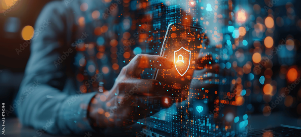 Poster cybersecurity data protection with mobile and laptop, secure internet access, business technology co