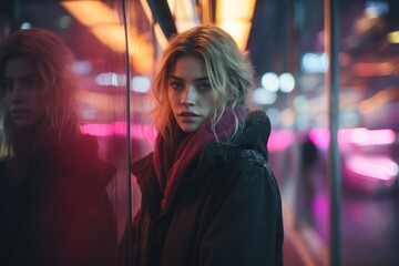 Obraz premium a woman standing in front of a glass wall at night