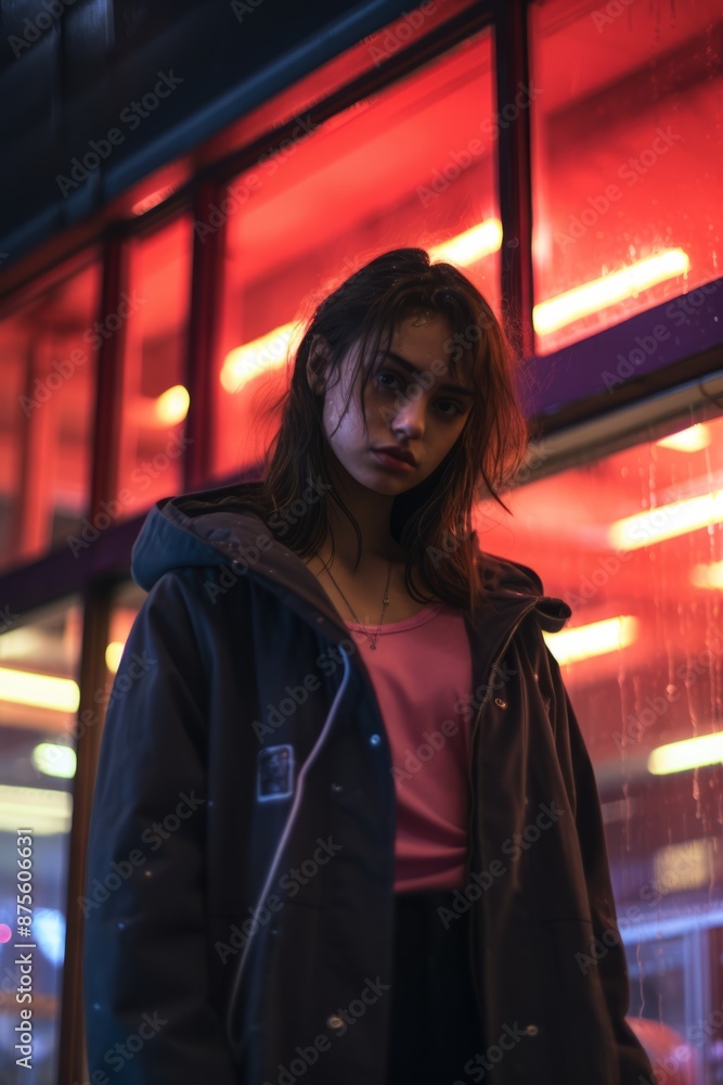 Poster a woman standing in front of neon lights at night