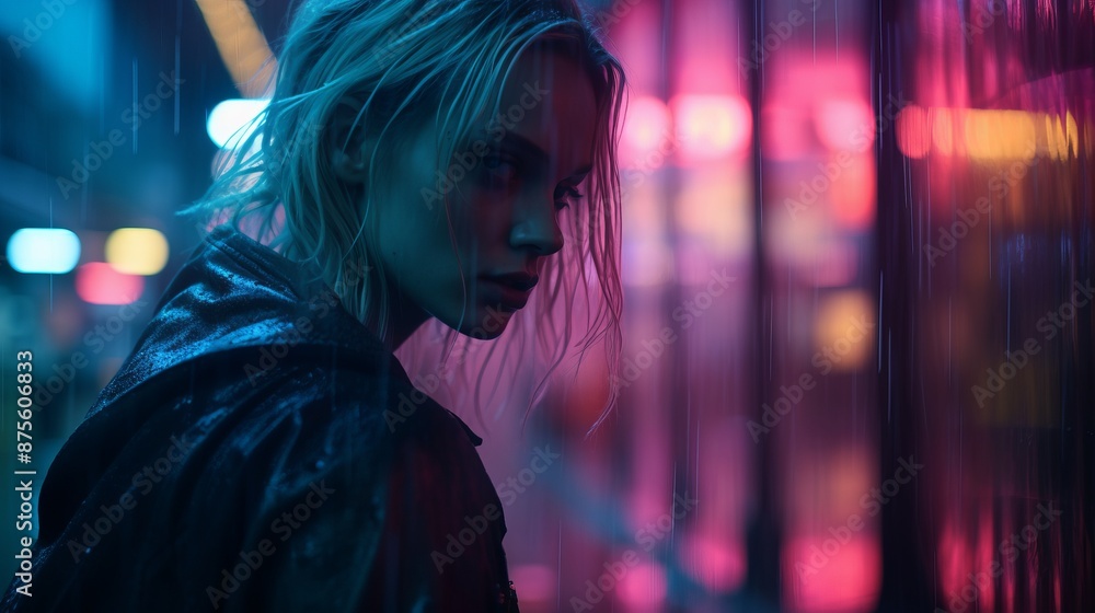 Poster a woman standing in the rain with neon lights behind her