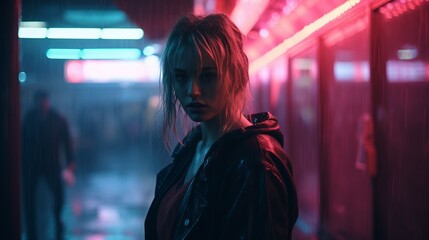 a woman standing in the rain with neon lights