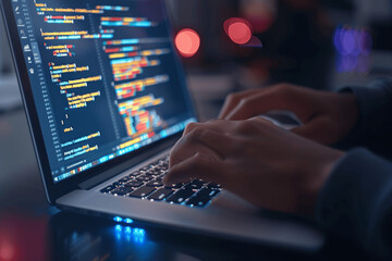 Programmer coding on laptop for website and mobile app development using coding technologies