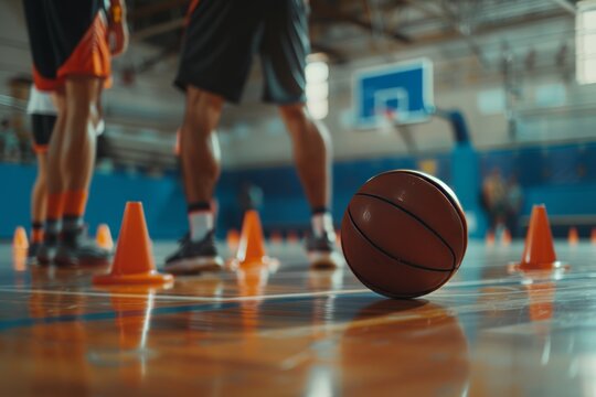 Basketball training equipment on wooden court with players and coach in practice game