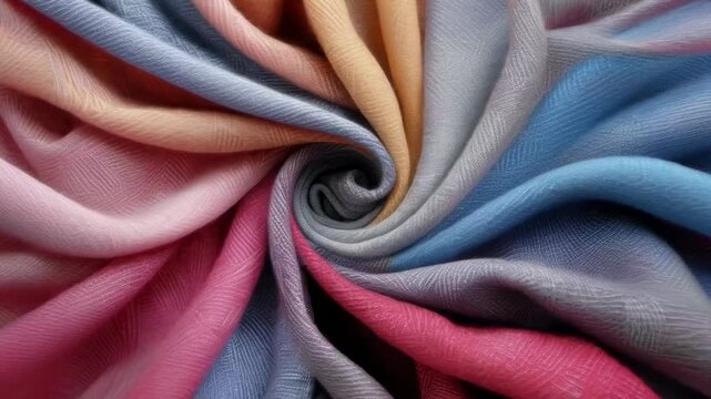 A close-up of a swirling arrangement of colorful fabrics in bright, pastel shades. The fabric textures are tightly woven, showcasing an assortment of colors including blue, red, yellow, and pink. The