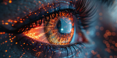 Illustration of digital eye neon style on dark blue background, computer vision and hightech technology concept. 3D Rendering 
