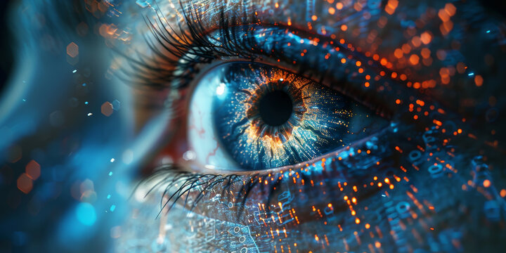 Illustration of digital eye neon style on dark blue background, computer vision and hightech technology concept. 3D Rendering 